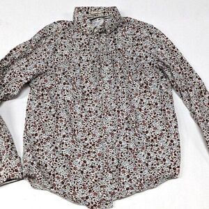 White & Floral Print Button Front Long Sleeve Shirt Size Large Preppy Boho Retro